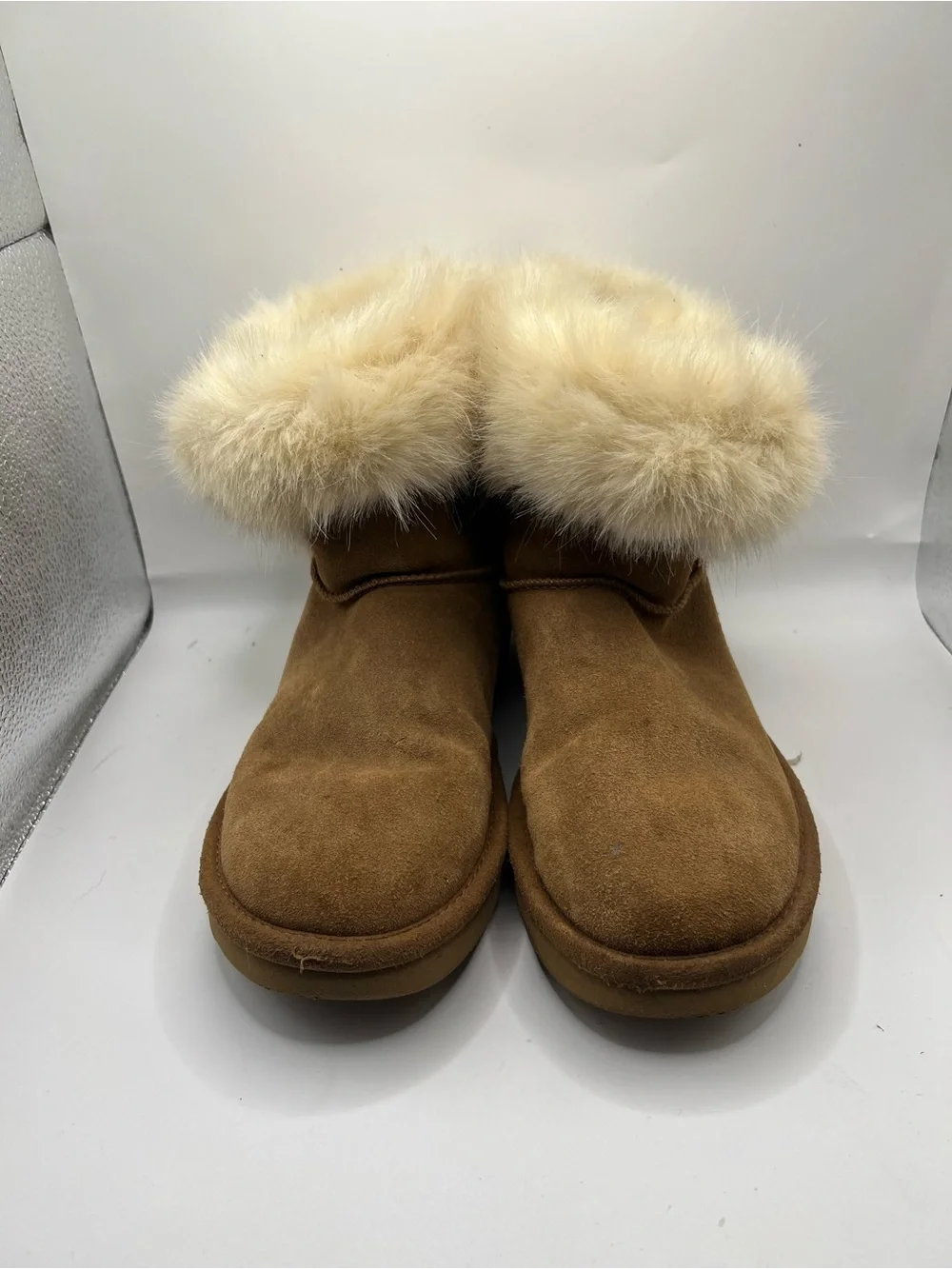 UGG Chestnut Suede Ankle Boots with Cream Faux Fur Cuff